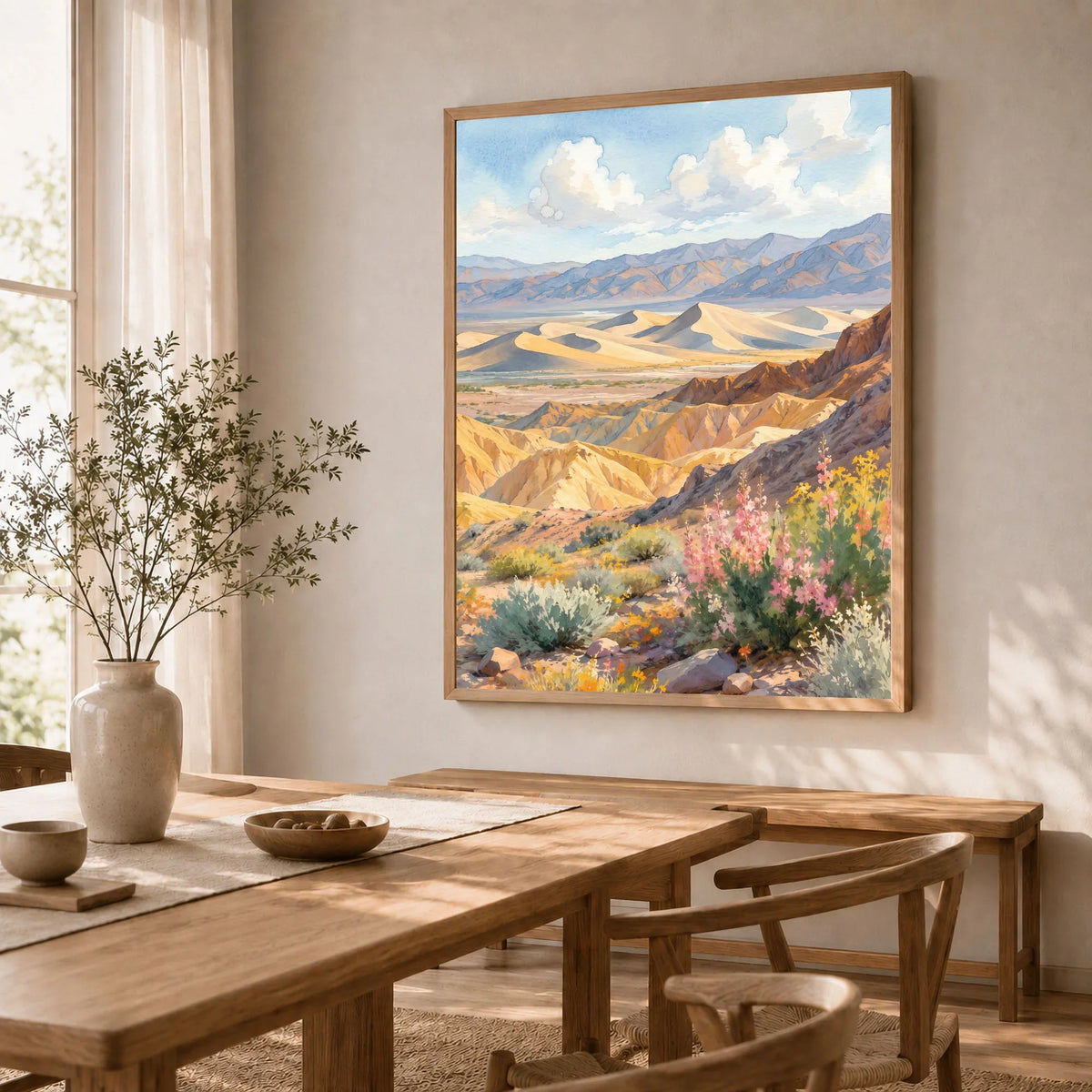 Death Valley National Park sand dunes and golden hills watercolour art print in a natural wood frame in a dining room
