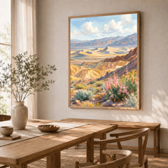 Death Valley National Park sand dunes and golden hills watercolour art print in a natural wood frame in a dining room
