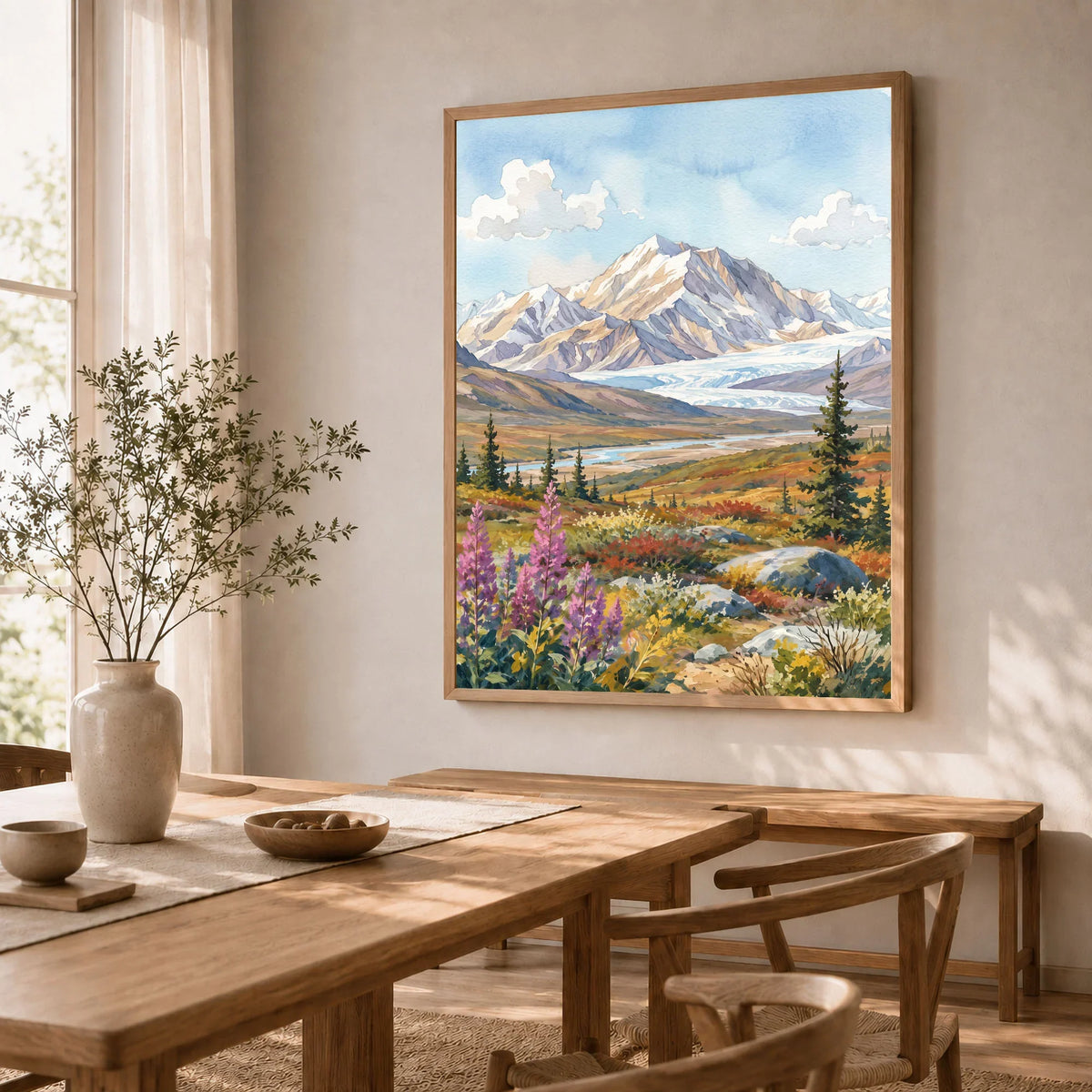 Denali National Park snow-capped Denali peak watercolour art print in a natural wood frame in a dining room