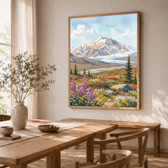 Denali National Park snow-capped Denali peak watercolour art print in a natural wood frame in a dining room