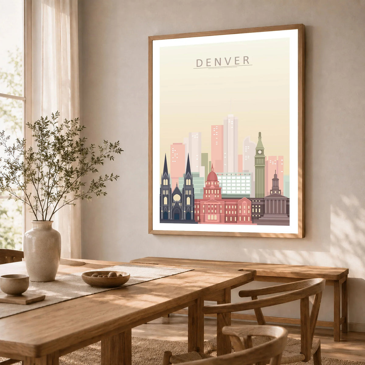 Denver city skyline art print in a natural wood frame in a dining room