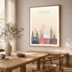 Denver city skyline art print in a natural wood frame in a dining room