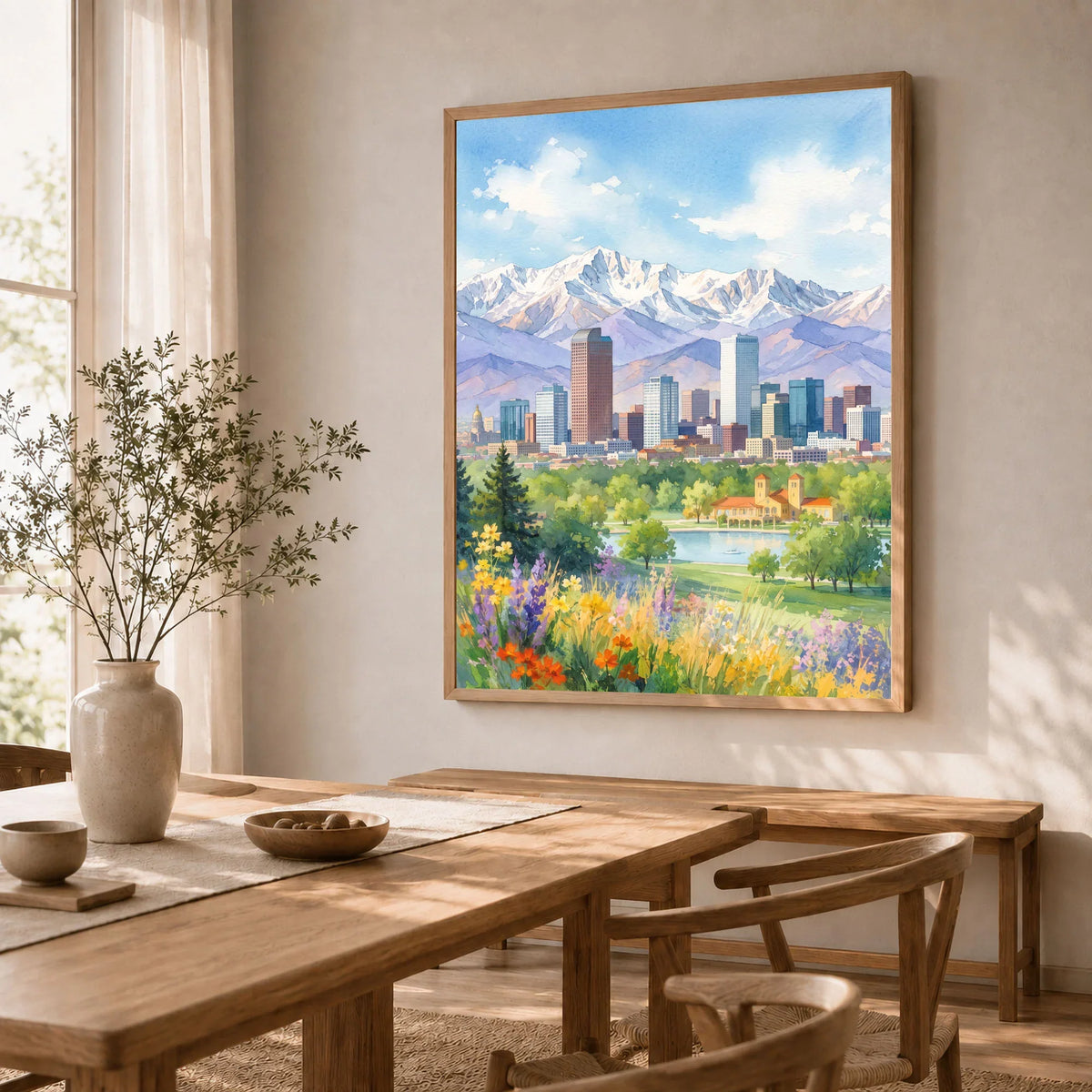 Denver skyline and Rocky Mountains watercolour art print in a natural wood frame in a dining room