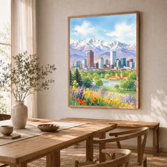 Denver skyline and Rocky Mountains watercolour art print in a natural wood frame in a dining room