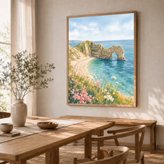 Dorset Durdle Door arch and beach watercolour art print in a natural wood frame in a dining room