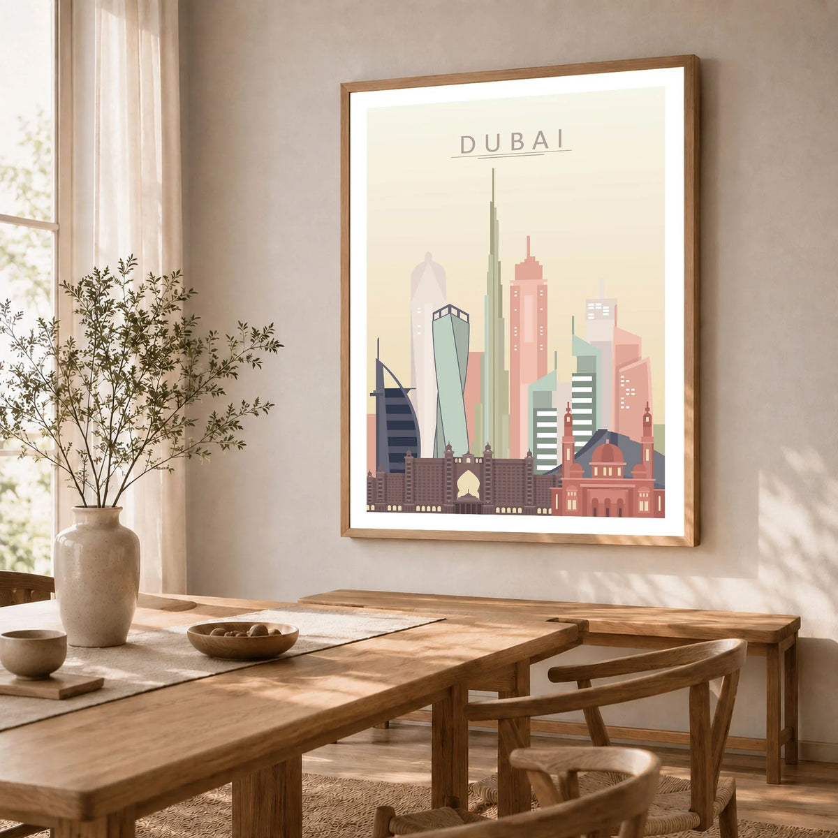 Dubai city skyline art print in a natural wood frame in a dining room