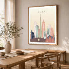 Dubai city skyline art print in a natural wood frame in a dining room