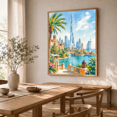 Dubai Burj Khalifa skyline watercolour art print in a natural wood frame in a dining room