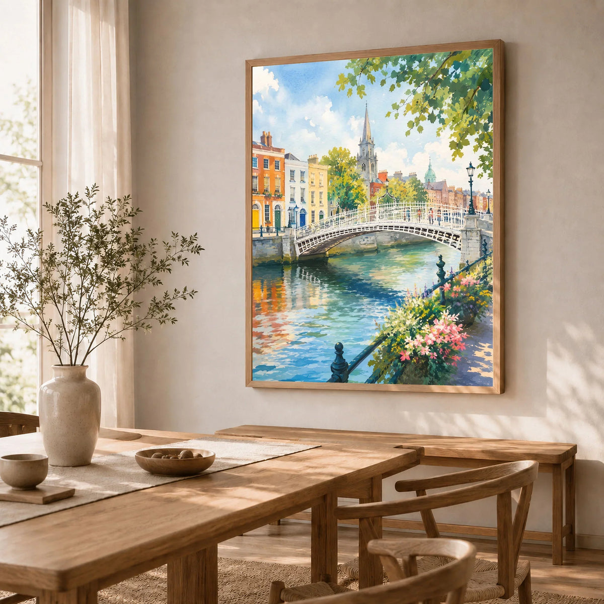 Dublin Ha'penny Bridge on the Liffey watercolour art print in a natural wood frame in a dining room