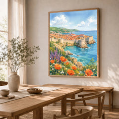 Dubrovnik old town walls and sea watercolour art print in a natural wood frame in a dining room
