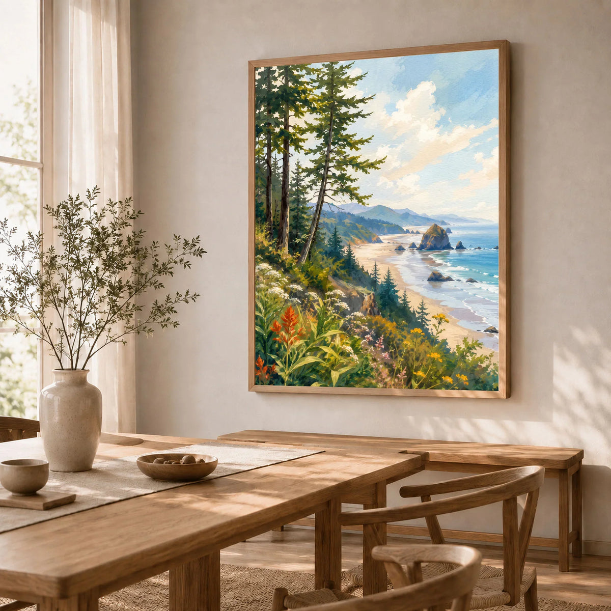 Ecola State Park Cannon Beach sea stacks watercolour art print in a natural wood frame in a dining room