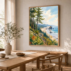 Ecola State Park Cannon Beach sea stacks watercolour art print in a natural wood frame in a dining room