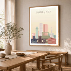 Edinburgh city skyline art print in a natural wood frame in a dining room