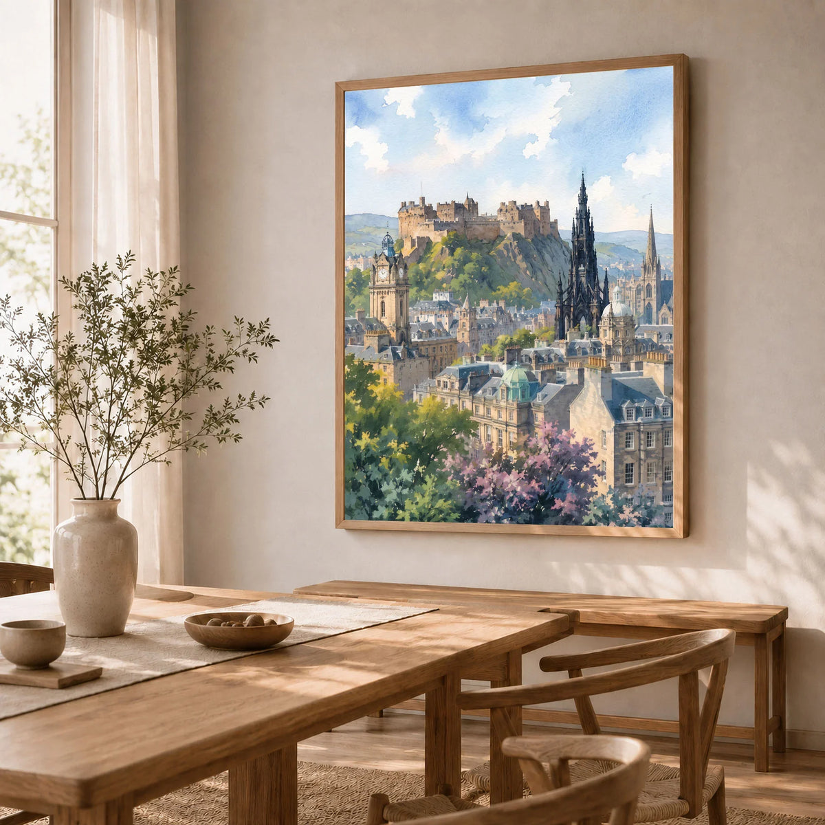Edinburgh castle and Scott Monument watercolour art print in a natural wood frame in a dining room
