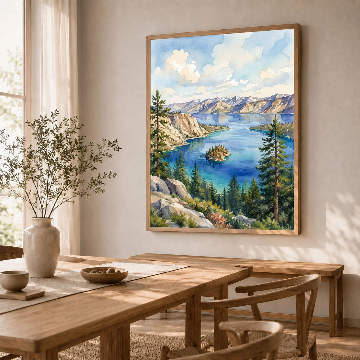 Emerald Bay State Park Fannette Island in Emerald Bay watercolour art print in a natural wood frame in a dining room