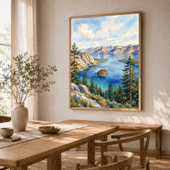 Emerald Bay State Park Fannette Island in Emerald Bay watercolour art print in a natural wood frame in a dining room
