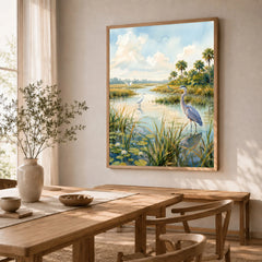 Everglades National Park herons in the wetlands watercolour art print in a natural wood frame in a dining room