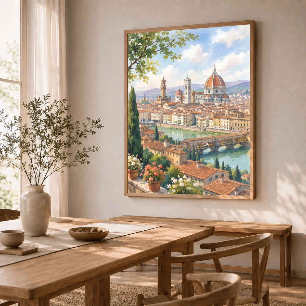 Florence Duomo and Ponte Vecchio watercolour art print in a natural wood frame in a dining room