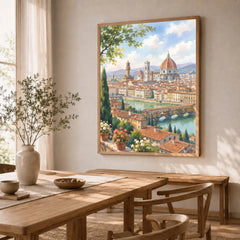 Florence Duomo and Ponte Vecchio watercolour art print in a natural wood frame in a dining room