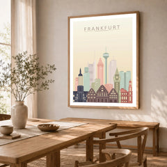 Frankfurt city skyline art print in a natural wood frame in a dining room