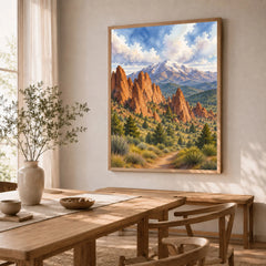 Garden of the Gods red rocks and Pikes Peak watercolour art print in a natural wood frame in a dining room