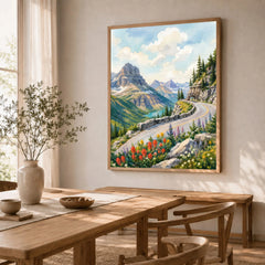 Glacier National Park Going-to-the-Sun Road watercolour art print in a natural wood frame in a dining room