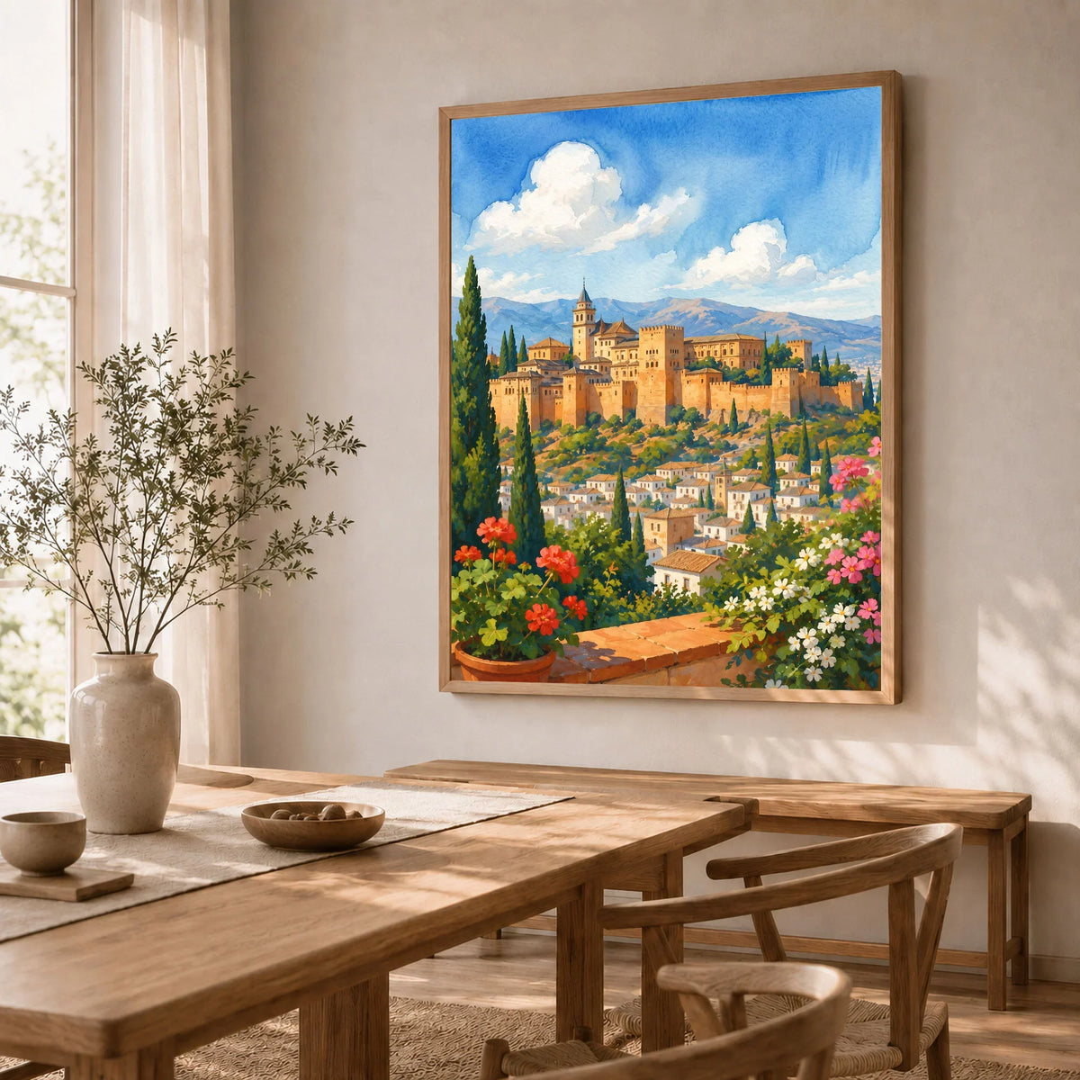 Granada Alhambra palace watercolour art print in a natural wood frame in a dining room