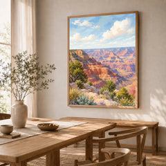 Grand Canyon National Park view from the South Rim watercolour art print in a natural wood frame in a dining room