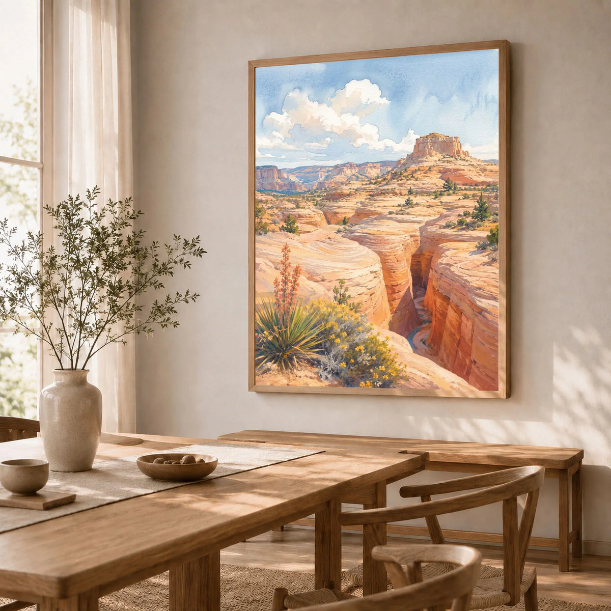 Grand Staircase-Escalante slot canyon and mesa watercolour art print in a natural wood frame in a dining room