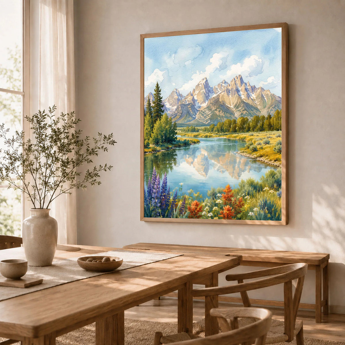 Grand Teton National Park Teton peaks over the Snake River watercolour art print in a natural wood frame in a dining room