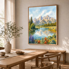 Grand Teton National Park Teton peaks over the Snake River watercolour art print in a natural wood frame in a dining room