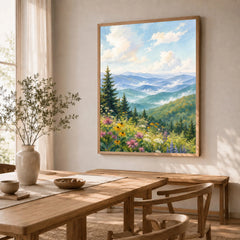 Great Smoky Mountains misty blue ridges watercolour art print in a natural wood frame in a dining room