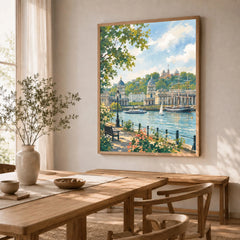 Greenwich Old Royal Naval College and Thames watercolour art print in a natural wood frame in a dining room