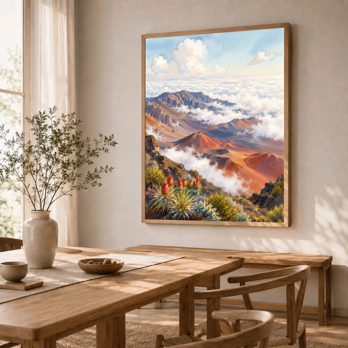 Haleakalā National Park summit crater above the clouds watercolour art print in a natural wood frame in a dining room