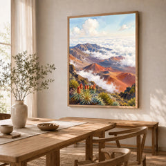 Haleakalā National Park summit crater above the clouds watercolour art print in a natural wood frame in a dining room