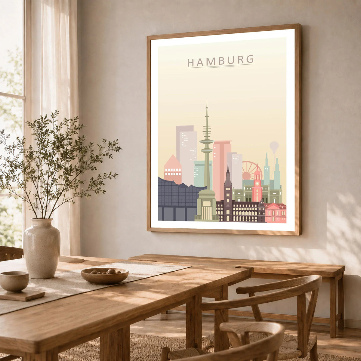 Hamburg city skyline art print in a natural wood frame in a dining room