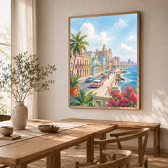 Havana Malecón seafront and classic cars watercolour art print in a natural wood frame in a dining room