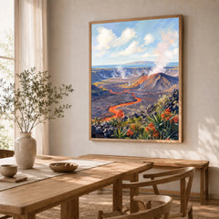 Hawaii Volcanoes National Park lava flow and steaming crater watercolour art print in a natural wood frame in a dining room