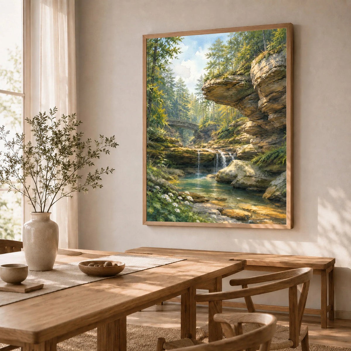 Hocking Hills State Park waterfall below sandstone cliffs watercolour art print in a natural wood frame in a dining room