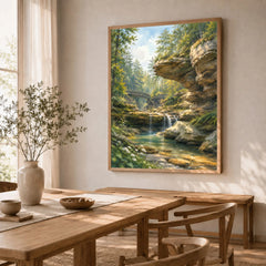 Hocking Hills State Park waterfall below sandstone cliffs watercolour art print in a natural wood frame in a dining room