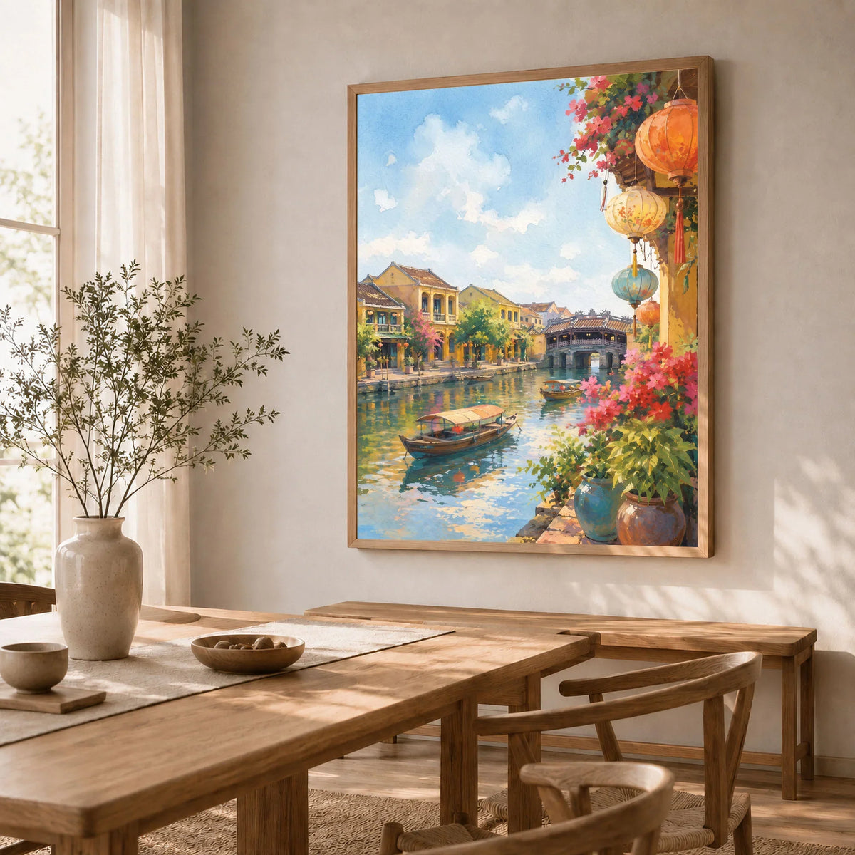 Hoi An lanterns and Japanese bridge watercolour art print in a natural wood frame in a dining room