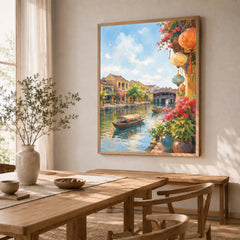 Hoi An lanterns and Japanese bridge watercolour art print in a natural wood frame in a dining room