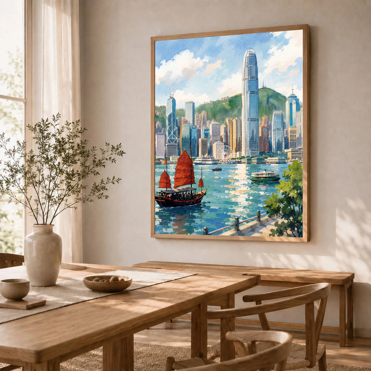 Hong Kong Victoria Harbour and junk boat watercolour art print in a natural wood frame in a dining room