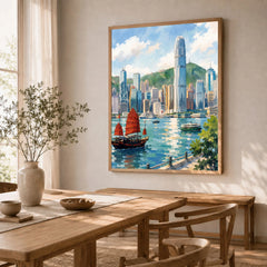 Hong Kong Victoria Harbour and junk boat watercolour art print in a natural wood frame in a dining room