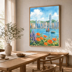 Hong Kong Victoria Harbour skyline with flowers watercolour art print in a natural wood frame in a dining room