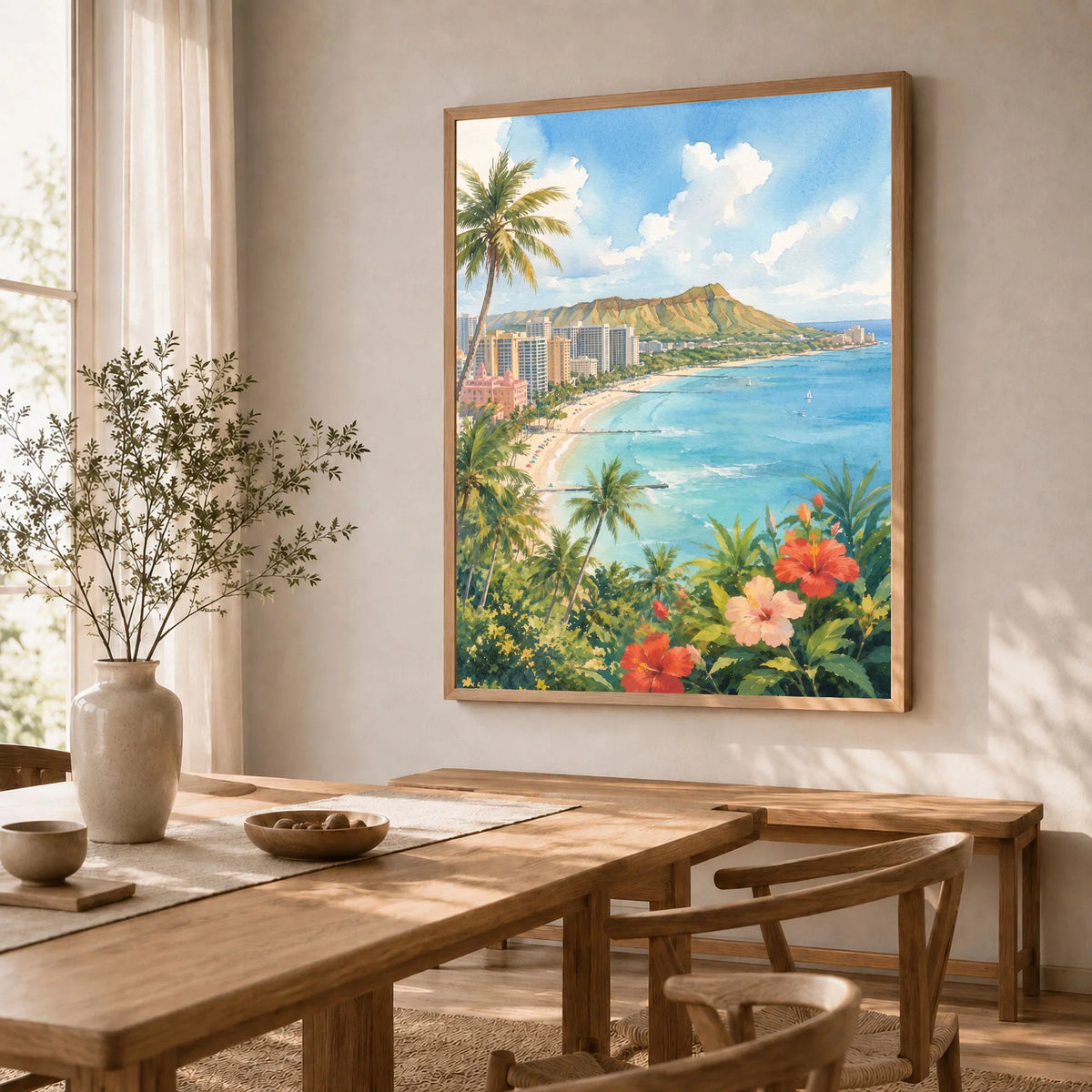 Honolulu Waikiki Beach and Diamond Head watercolour art print in a natural wood frame in a dining room
