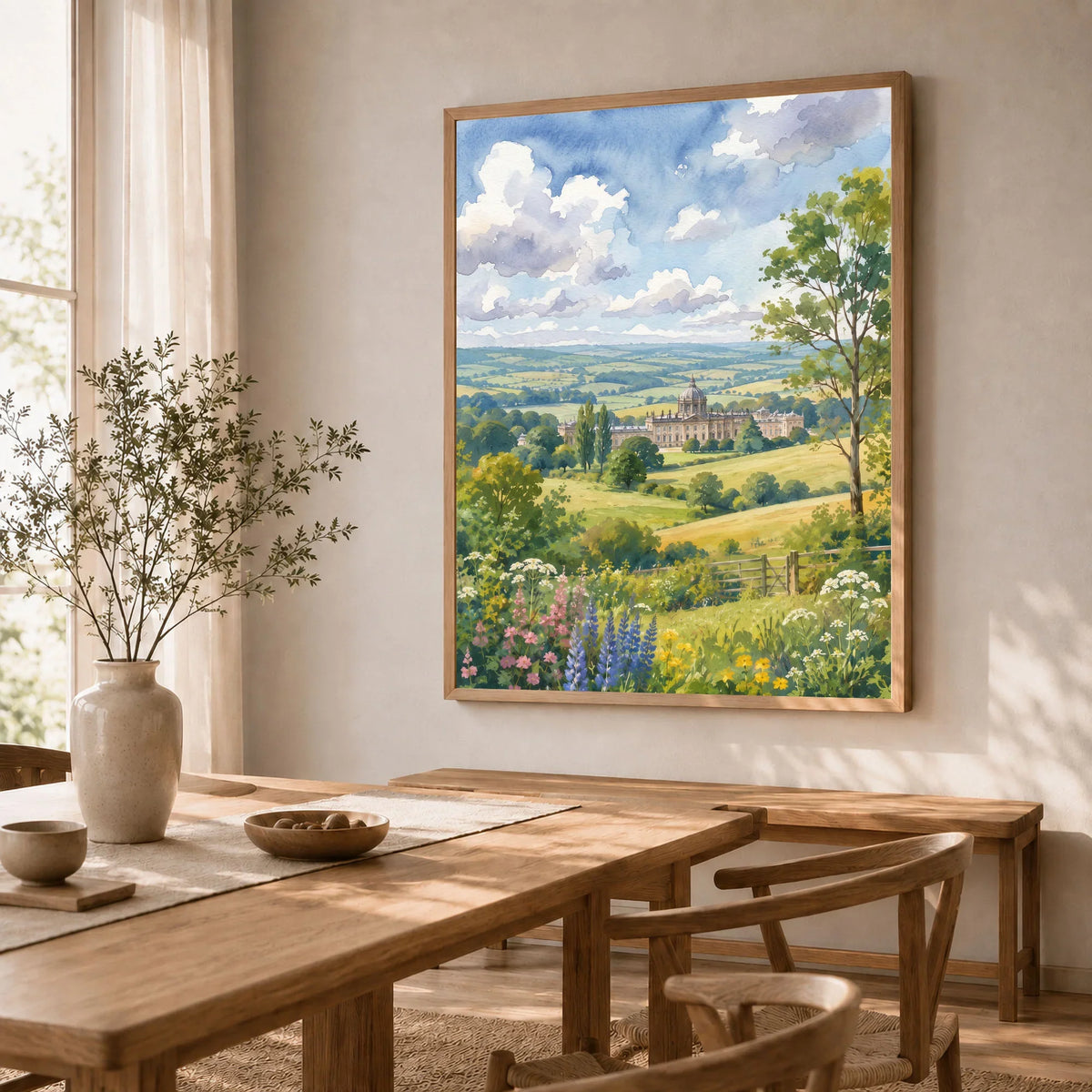 Howardian Hills Castle Howard parkland watercolour art print in a natural wood frame in a dining room
