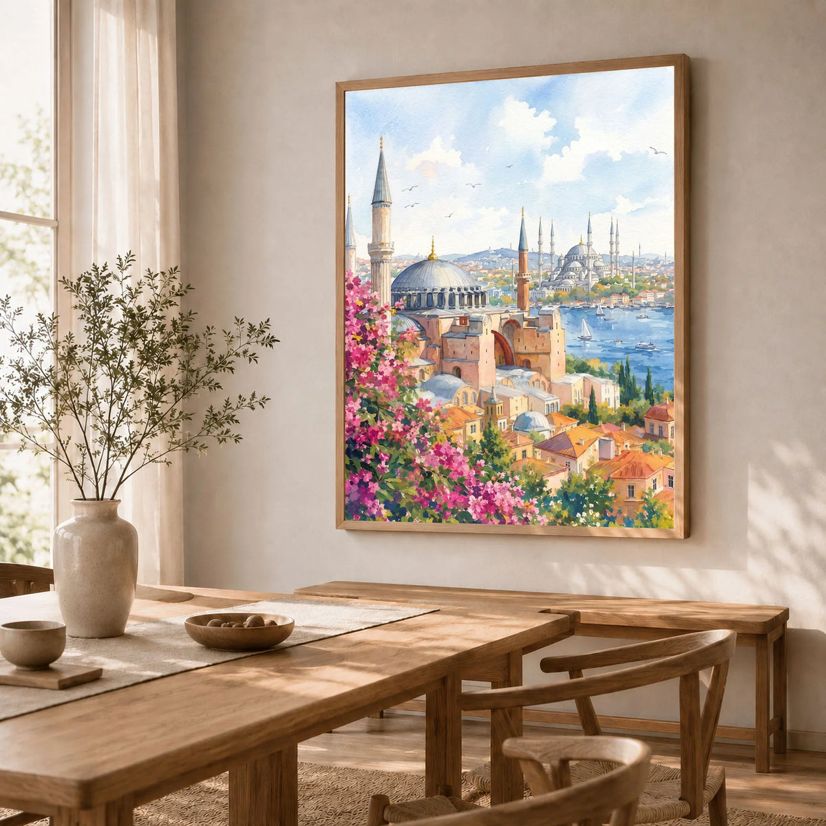 Istanbul Hagia Sophia and Blue Mosque watercolour art print in a natural wood frame in a dining room