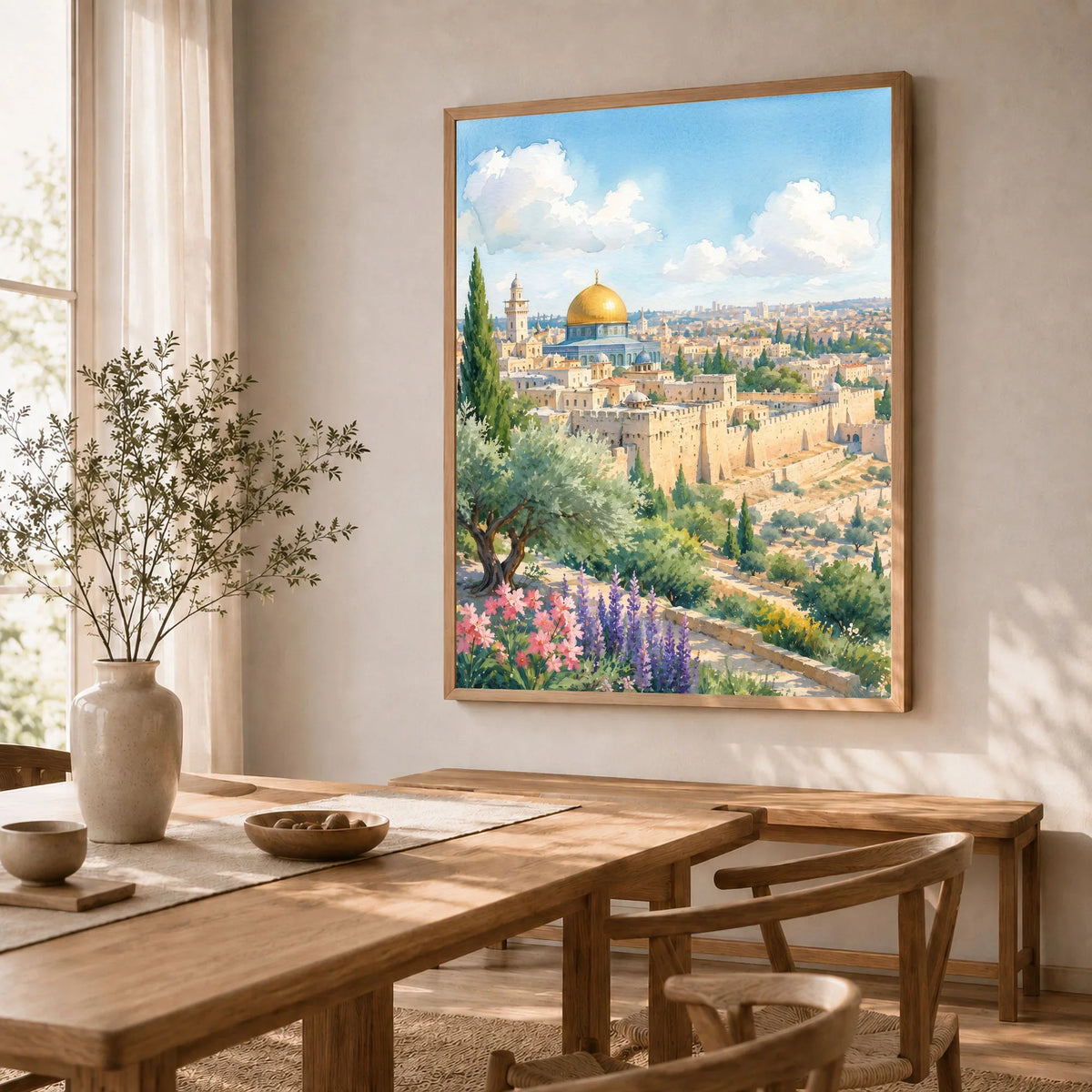 Jerusalem Dome of the Rock and Old City walls watercolour art print in a natural wood frame in a dining room
