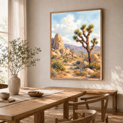 Joshua Tree National Park Joshua trees and granite boulders watercolour art print in a natural wood frame in a dining room